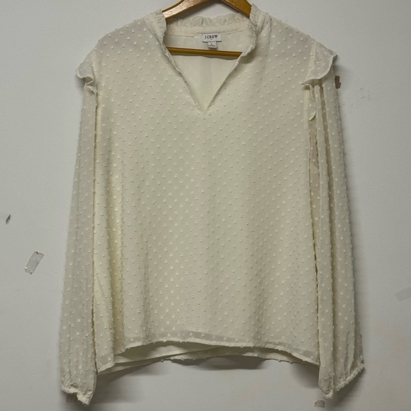 J. Crew Clip Dot V-neck Ruffle Top Blouse Ivory White Large - Picture 2 of 6